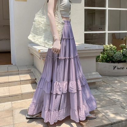 Tiered Ruffle Hem Flowy Maxi Skirt