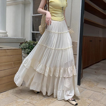 Tiered Ruffle Hem Flowy Maxi Skirt