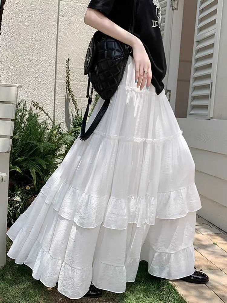 Tiered Ruffle Hem Flowy Maxi Skirt