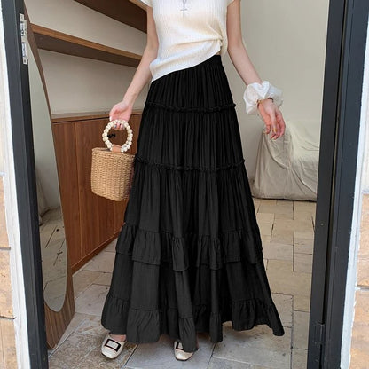Tiered Ruffle Hem Flowy Maxi Skirt