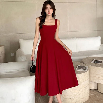 Elegant Square Neck Maxi Dress Womens Summer Party Dress Sleeveless Vintage Style Long Dress