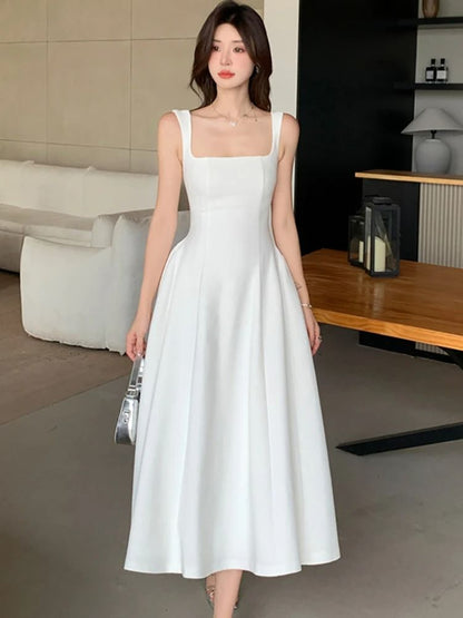 Elegant Square Neck Maxi Dress Womens Summer Party Dress Sleeveless Vintage Style Long Dress