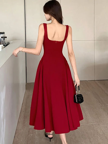 Elegant Square Neck Maxi Dress Womens Summer Party Dress Sleeveless Vintage Style Long Dress