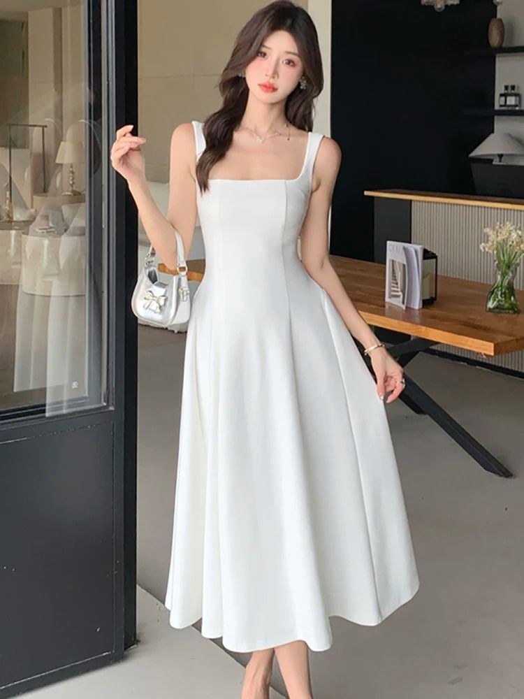Elegant Square Neck Maxi Dress Womens Summer Party Dress Sleeveless Vintage Style Long Dress