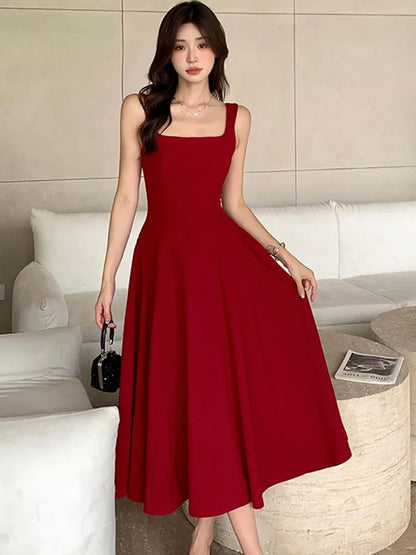 Elegant Square Neck Maxi Dress Womens Summer Party Dress Sleeveless Vintage Style Long Dress