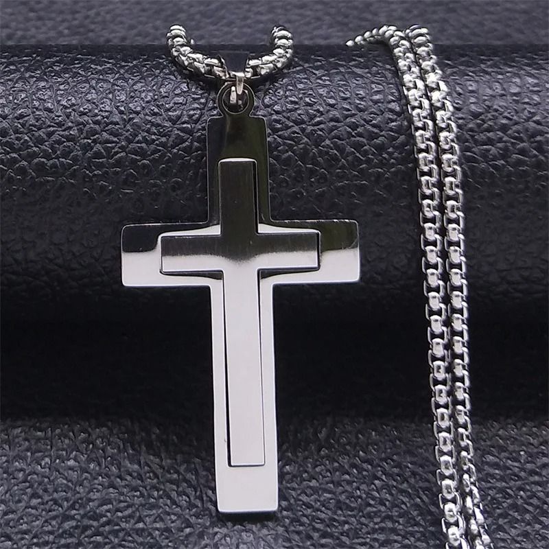 Stainless Steel Splice Cross Pendant Necklace Unisex Religious Chain