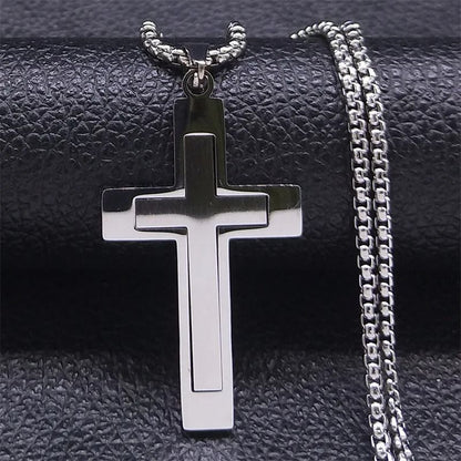 Stainless Steel Splice Cross Pendant Necklace Unisex Religious Chain