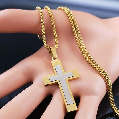 Stainless Steel Splice Cross Pendant Necklace Unisex Religious Chain