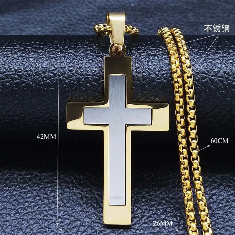 Stainless Steel Splice Cross Pendant Necklace Unisex Religious Chain