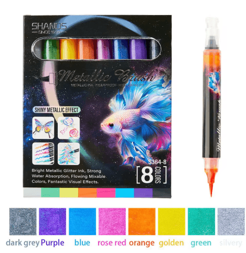 8-Color Metallic Glitter Brush Pens – Paint Marker Set for Art & Craft