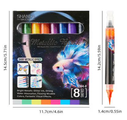 8-Color Metallic Glitter Brush Pens – Paint Marker Set for Art & Craft