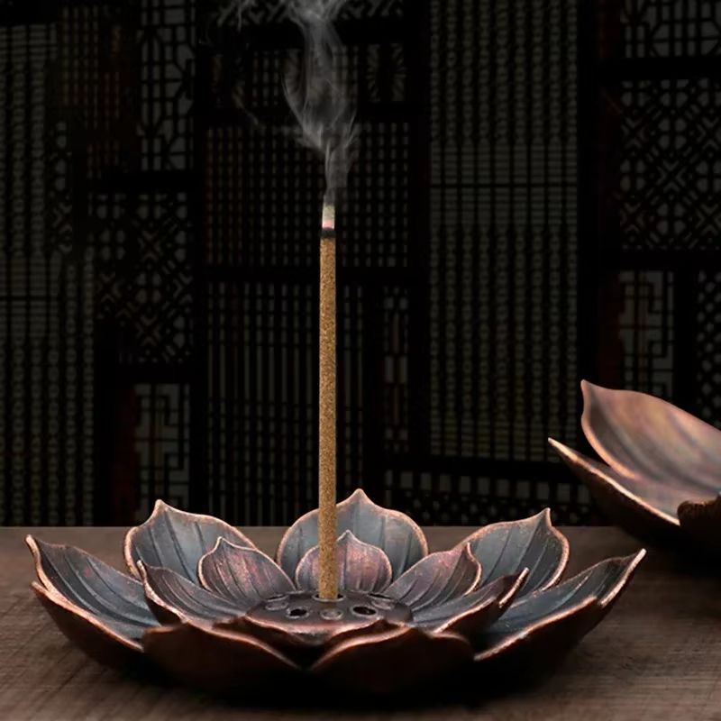 Bronze Lotus Alloy Incense Burner Plate Stick Holder Zen Meditation Decor