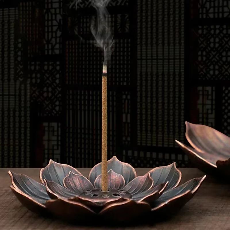 Bronze Lotus Alloy Incense Burner Plate Stick Holder Zen Meditation Decor