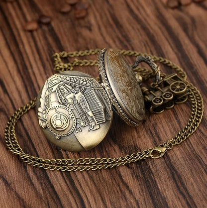 Steampunk Pocket Watch Vintage Train Quartz Pocket Watch Necklace Pendant
