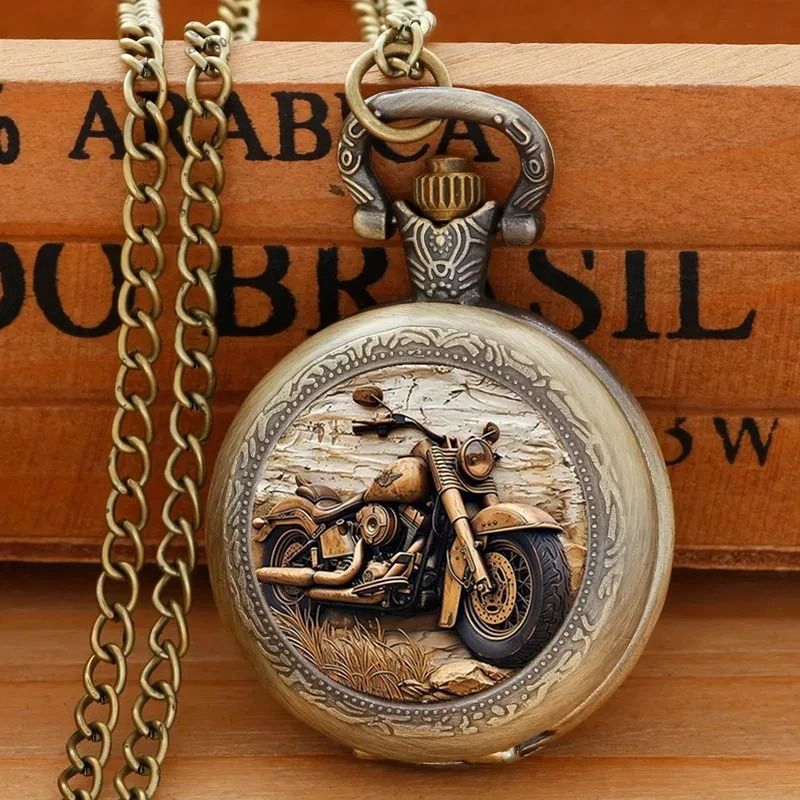 Vintage Motorcycle Pocket Watch Retro Quartz Pendant Necklace Watch