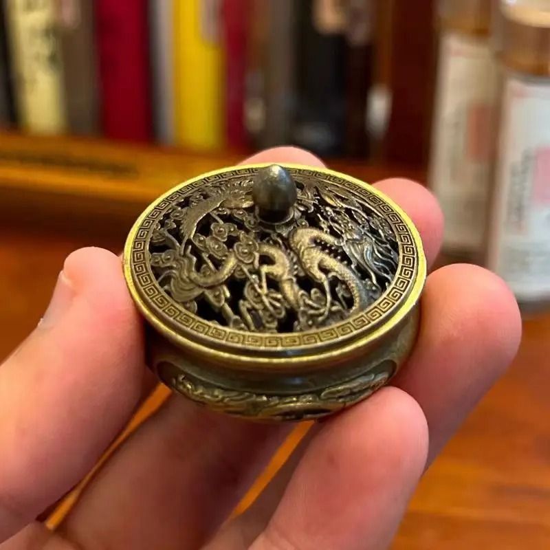 Antique Brass Dragon Phoenix Mini Incense Burner Portable Desk Decor