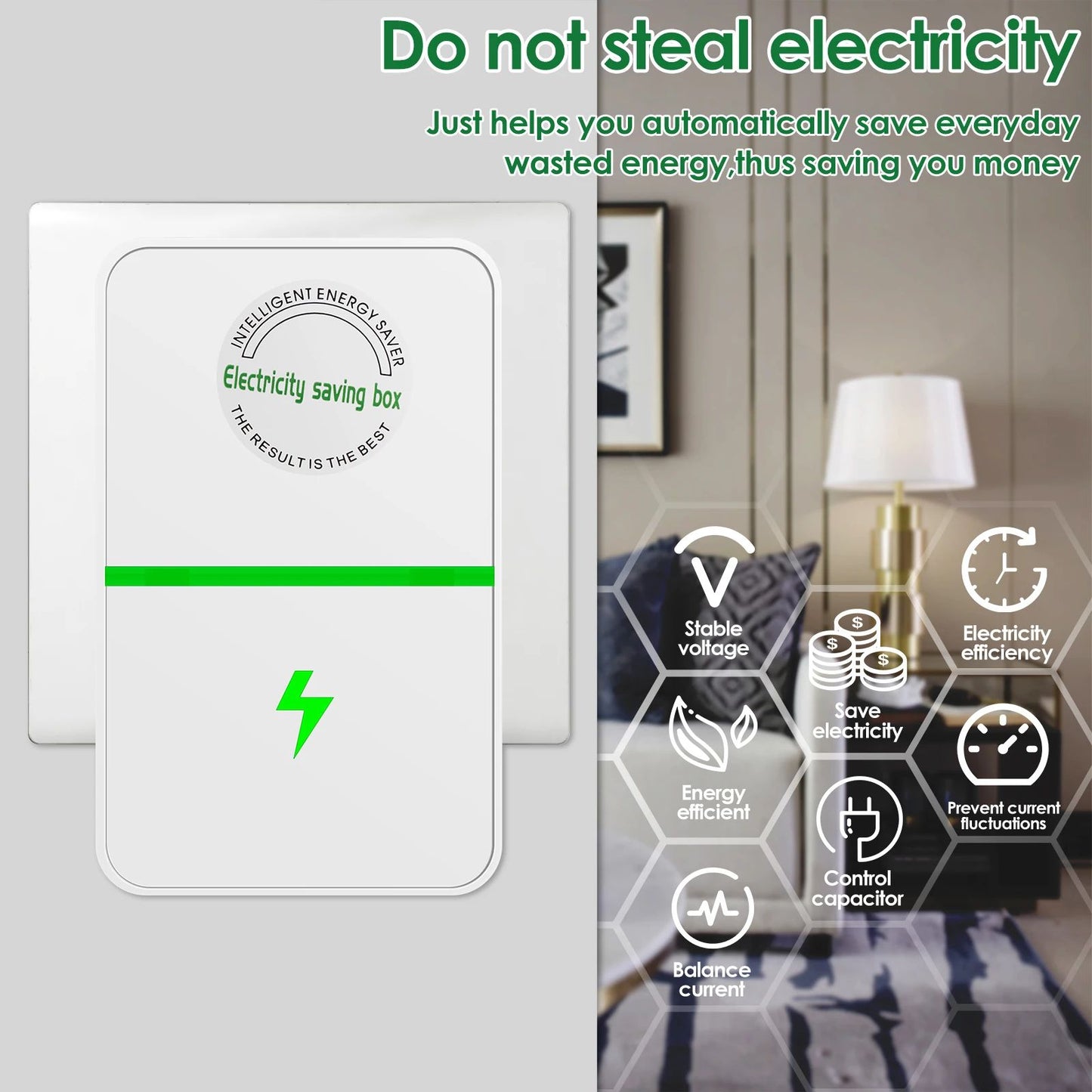 Smart Power Stabilizer Plug Energy Saving Device Voltage Protector Box (90V–250V)