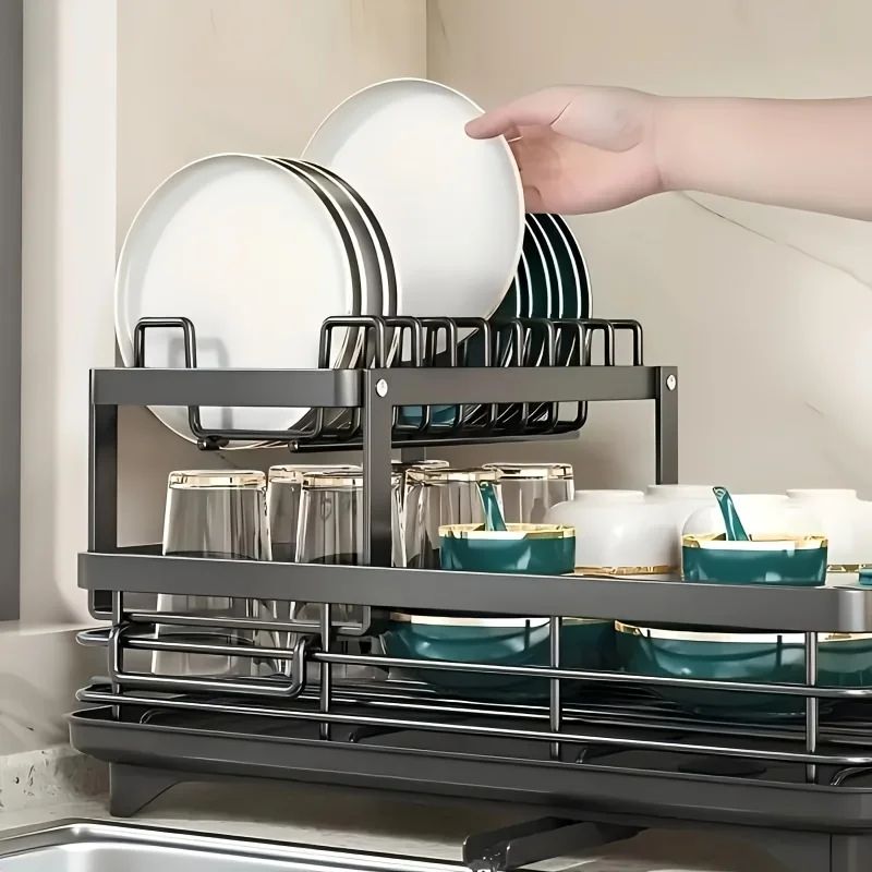 Double-Tier Extendable Dish Drainer Rack with Large Capacity Drying Board for Kitchen Countertop