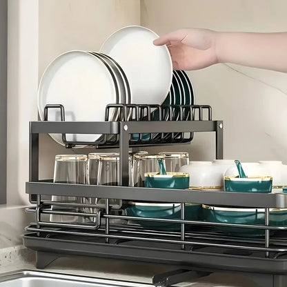 Double-Tier Extendable Dish Drainer Rack with Large Capacity Drying Board for Kitchen Countertop