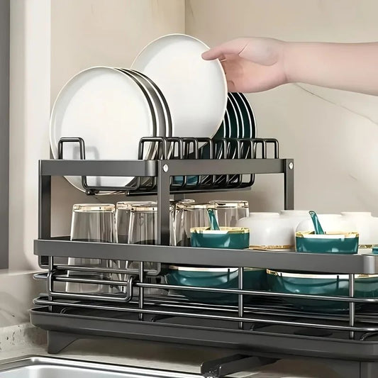 Double-Tier Extendable Dish Drainer Rack with Large Capacity Drying Board for Kitchen Countertop