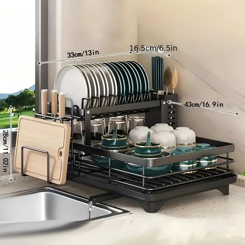 Double-Tier Extendable Dish Drainer Rack with Large Capacity Drying Board for Kitchen Countertop