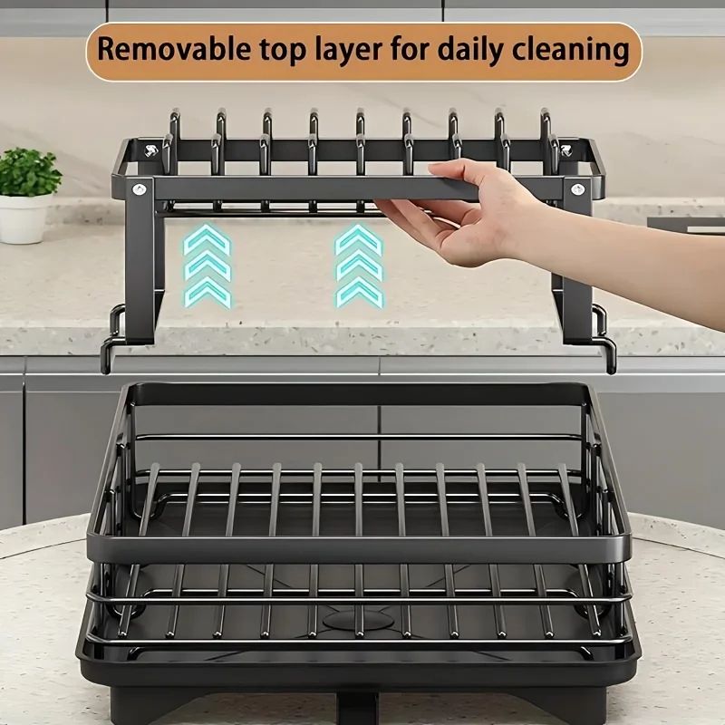 Double-Tier Extendable Dish Drainer Rack with Large Capacity Drying Board for Kitchen Countertop