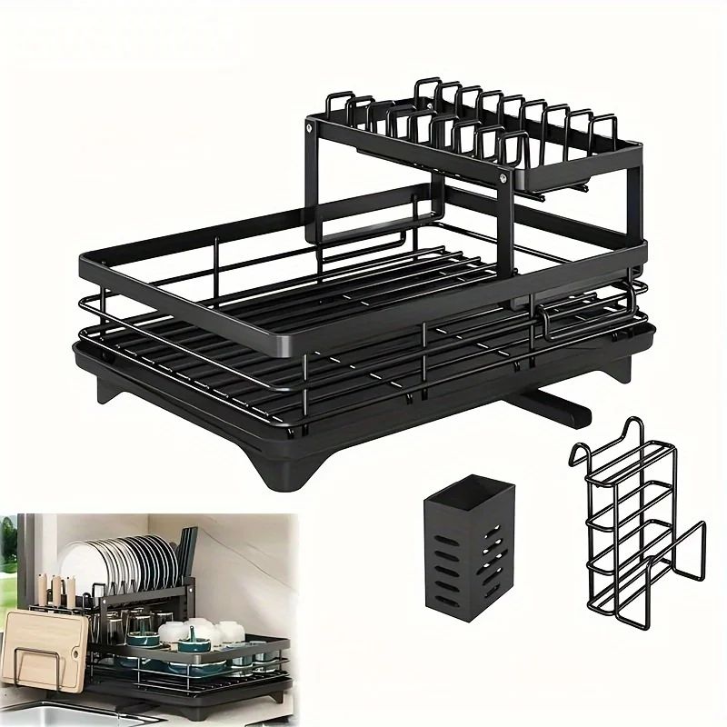 Double-Tier Extendable Dish Drainer Rack with Large Capacity Drying Board for Kitchen Countertop