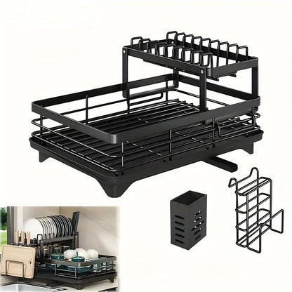 Double-Tier Extendable Dish Drainer Rack with Large Capacity Drying Board for Kitchen Countertop