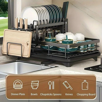 Double-Tier Extendable Dish Drainer Rack with Large Capacity Drying Board for Kitchen Countertop