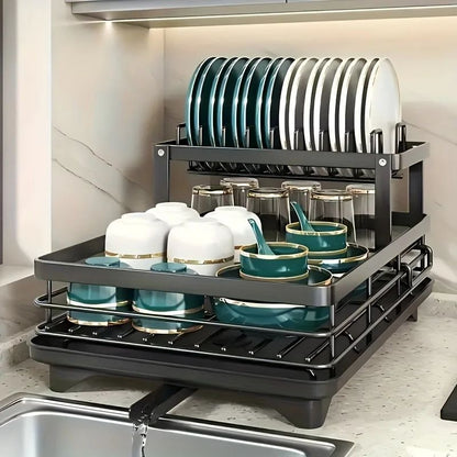 Double-Tier Extendable Dish Drainer Rack with Large Capacity Drying Board for Kitchen Countertop