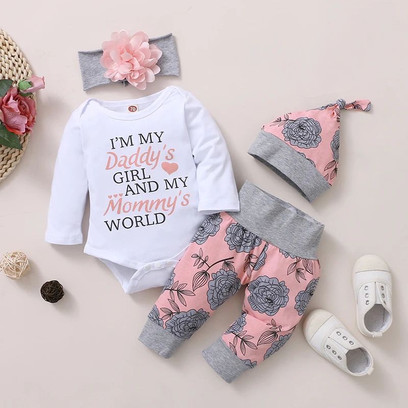 Sweet Bloom baby girl outfit set – Long Sleeve Floral Romper, Pants, Hat & Headband