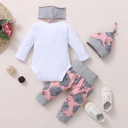 Sweet Bloom baby girl outfit set – Long Sleeve Floral Romper, Pants, Hat & Headband