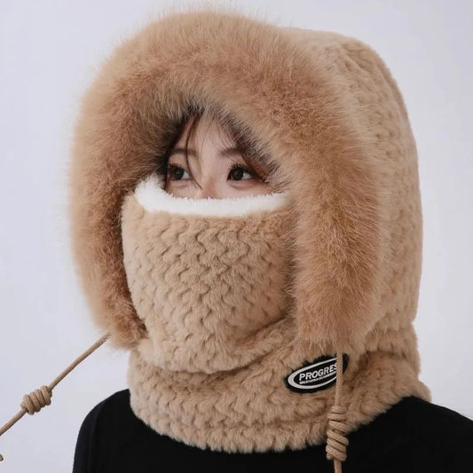 Thermal Plush Winter Hood Scarf with Windproof Face Cover for Outdoor Riding