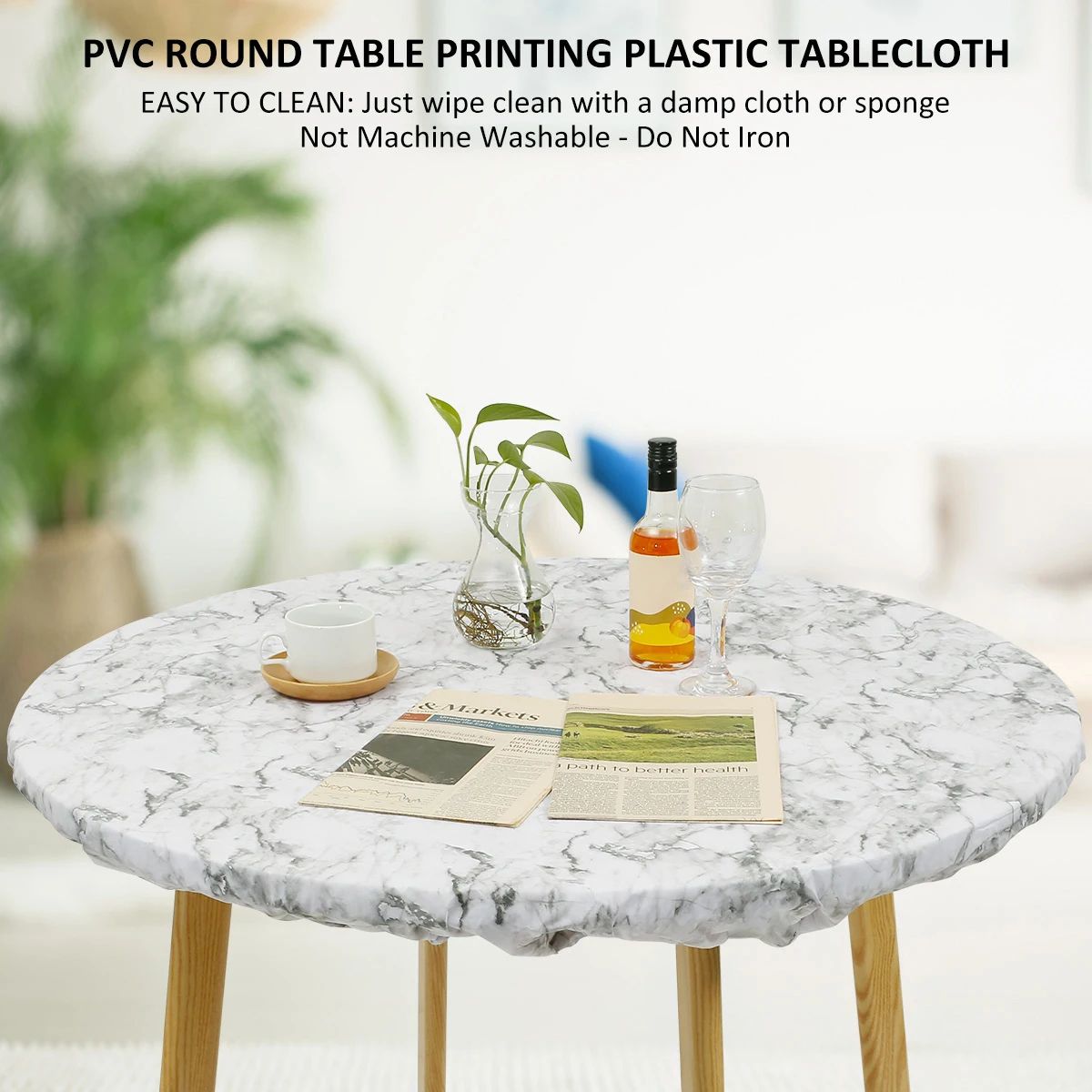 Waterproof Round Tablecloth Elastic Fixation Edged PVC Table Cover Flannel Backed Table Pad Oil-Proof for Dining Table K