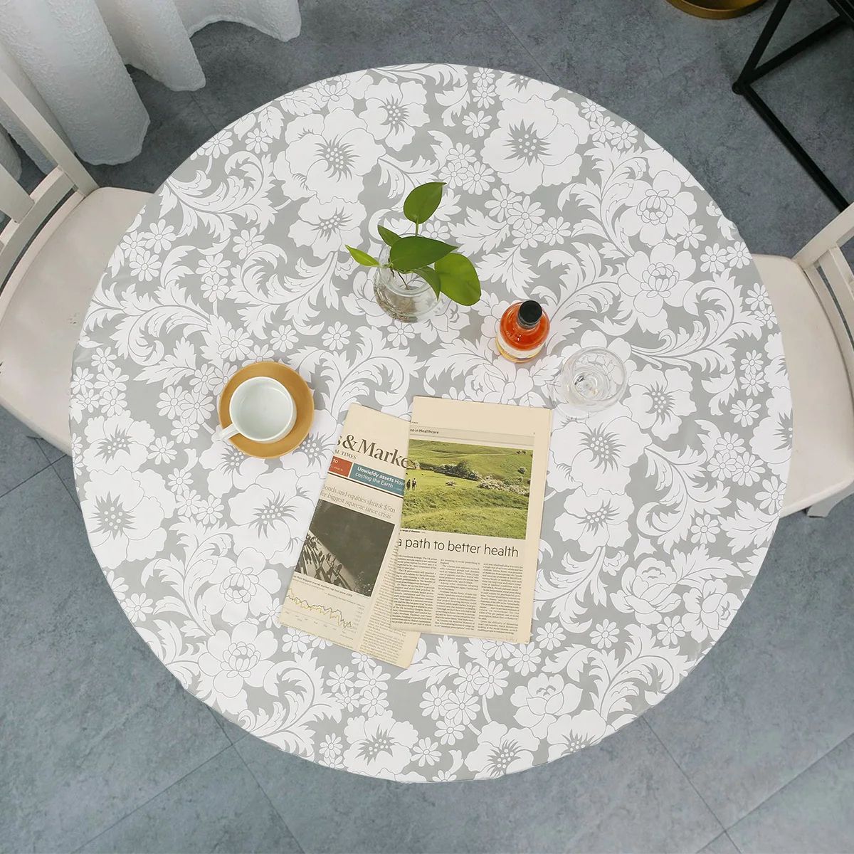 Waterproof Round Tablecloth Elastic Fixation Edged PVC Table Cover Flannel Backed Table Pad Oil-Proof for Dining Table K