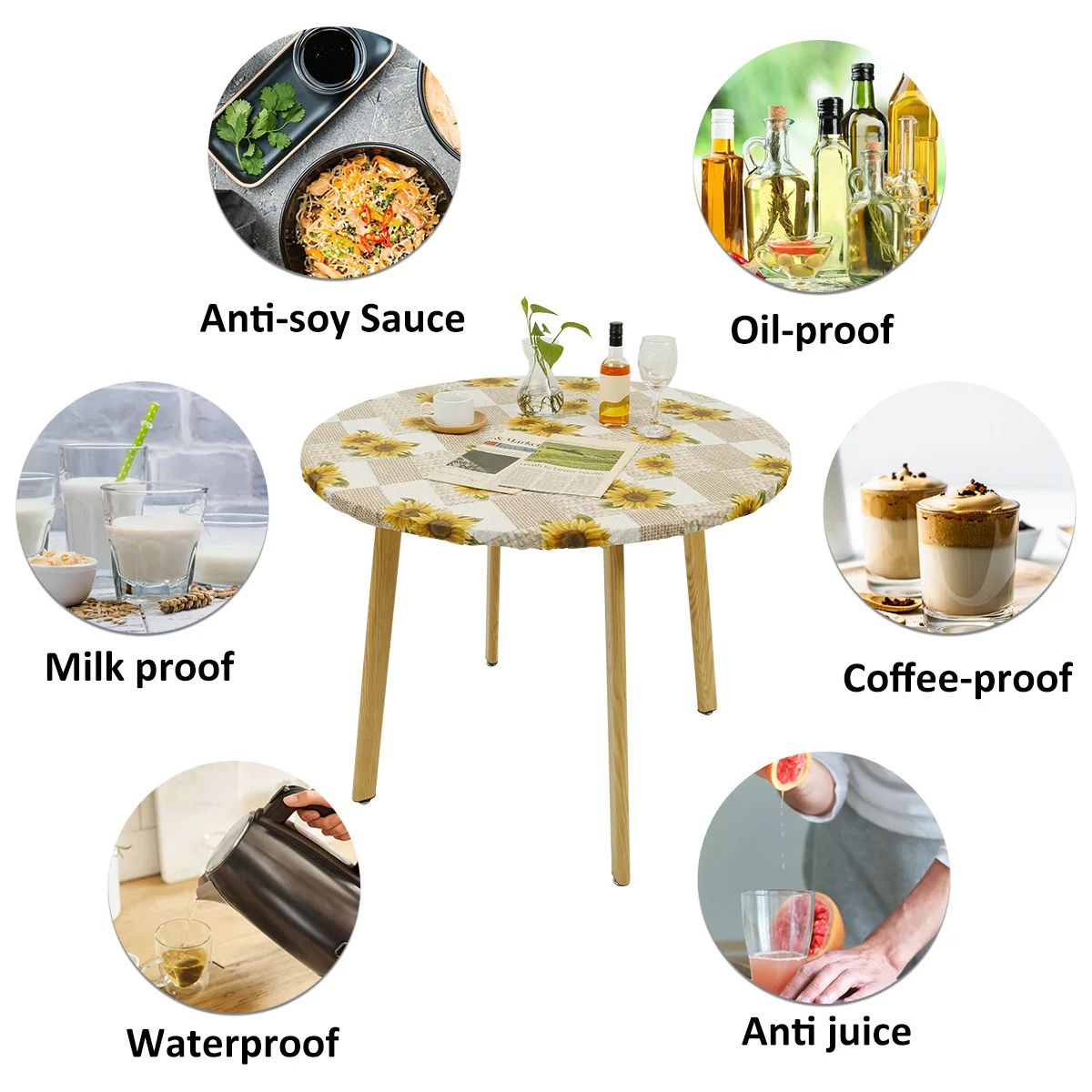 Waterproof Round Tablecloth Elastic Fixation Edged PVC Table Cover Flannel Backed Table Pad Oil-Proof for Dining Table K