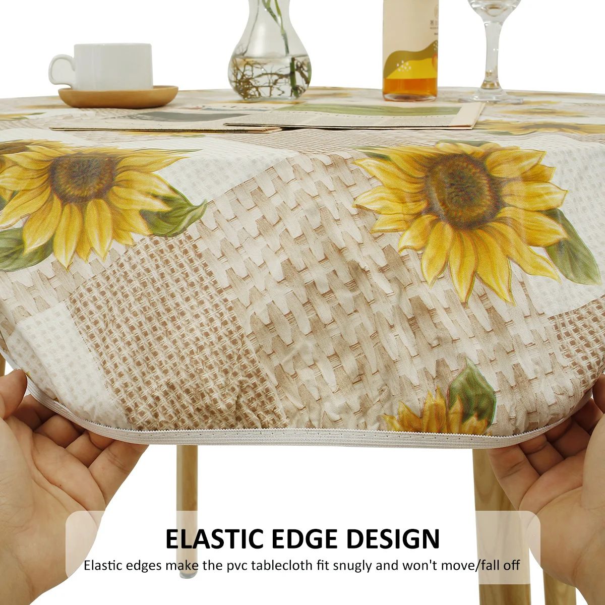 Waterproof Round Tablecloth Elastic Fixation Edged PVC Table Cover Flannel Backed Table Pad Oil-Proof for Dining Table K