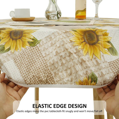 Waterproof Round Tablecloth Elastic Fixation Edged PVC Table Cover Flannel Backed Table Pad Oil-Proof for Dining Table K