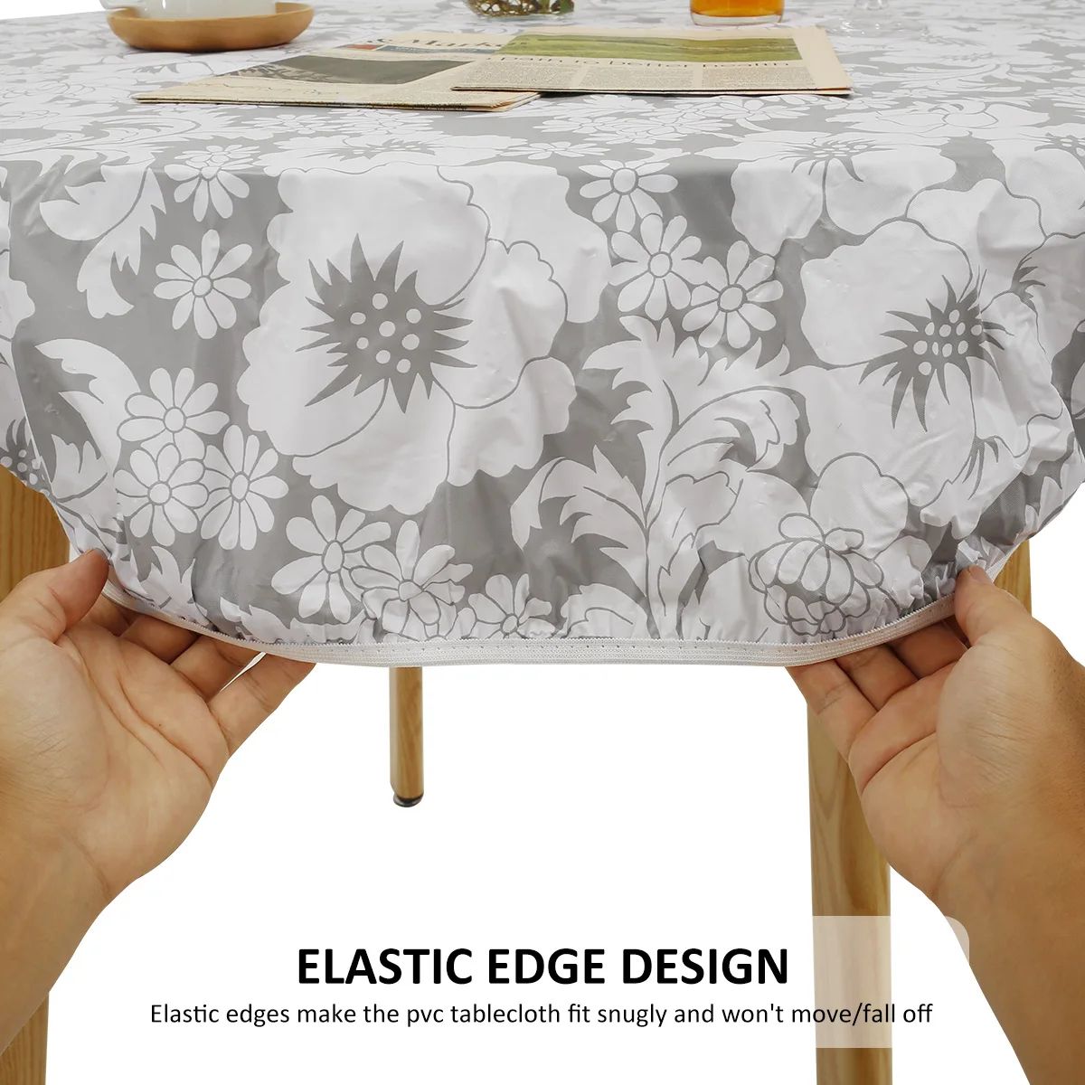 Waterproof Round Tablecloth Elastic Fixation Edged PVC Table Cover Flannel Backed Table Pad Oil-Proof for Dining Table K