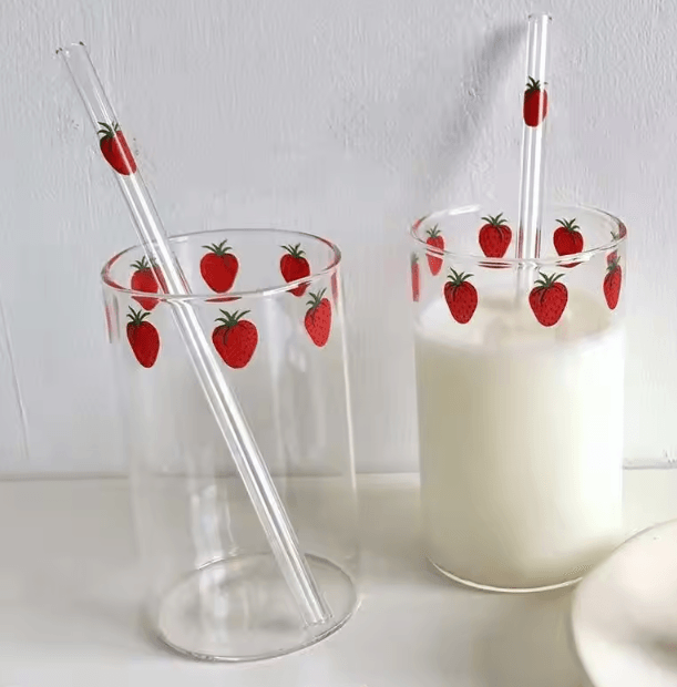Cute Strawberry Glass Cup with Straw – 300ML Borosilicate Aesthetic Drinking Tumbler
