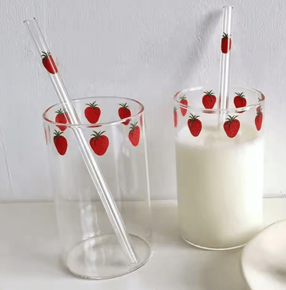 Cute Strawberry Glass Cup with Straw – 300ML Borosilicate Aesthetic Drinking Tumbler