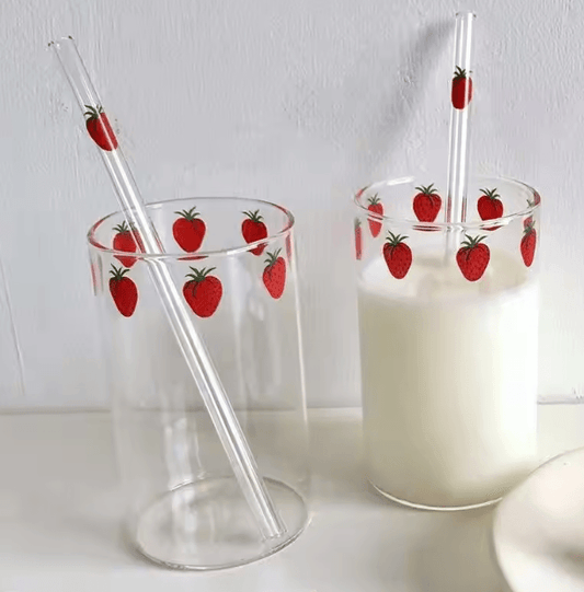 Cute Strawberry Glass Cup with Straw – 300ML Borosilicate Aesthetic Drinking Tumbler