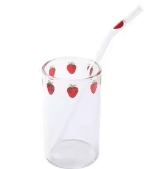 Cute Strawberry Glass Cup with Straw – 300ML Borosilicate Aesthetic Drinking Tumbler