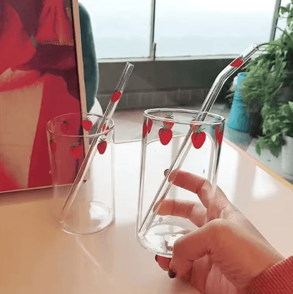Cute Strawberry Glass Cup with Straw – 300ML Borosilicate Aesthetic Drinking Tumbler