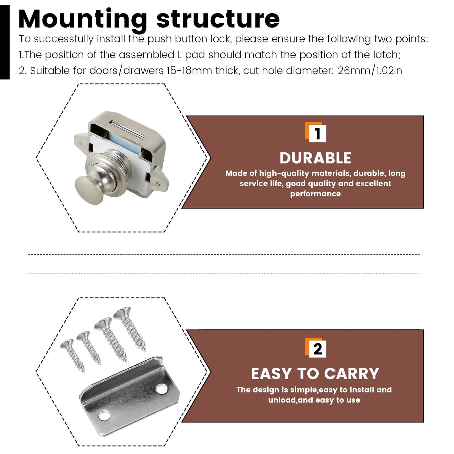 Push Button Cabinet Latch Set Keyless Door Catch for RV Drawers and Cupboards