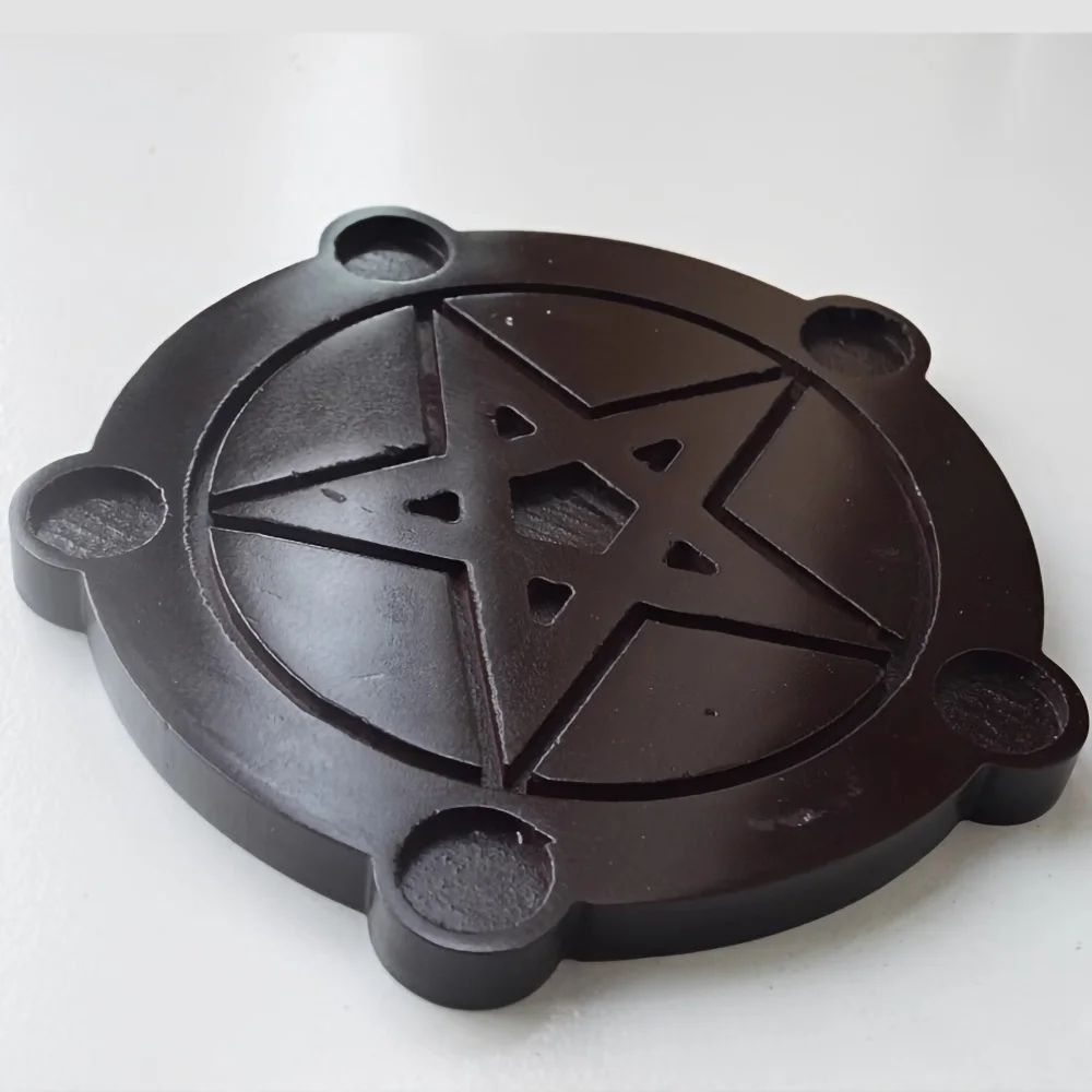 Wooden Pentagram Candle Holder Set with Ritual Plate for Altar Decor