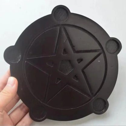 Wooden Pentagram Candle Holder Set with Ritual Plate for Altar Decor
