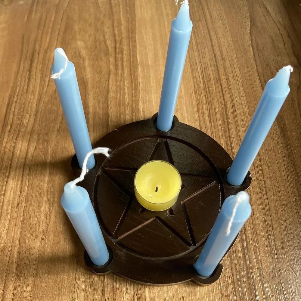 Wooden Pentagram Candle Holder Set with Ritual Plate for Altar Decor
