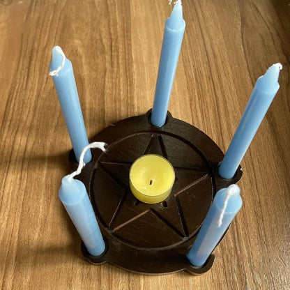 Wooden Pentagram Candle Holder Set with Ritual Plate for Altar Decor