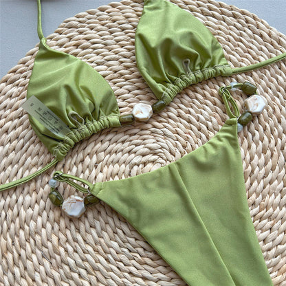 Solid Green Halter Bikini Set with Beaded String Sexy Micro Thong Swimsuit for Women